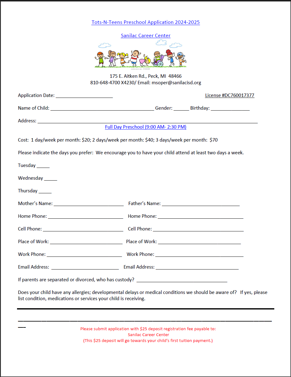 Application form for the Tots-N-Teens Program
